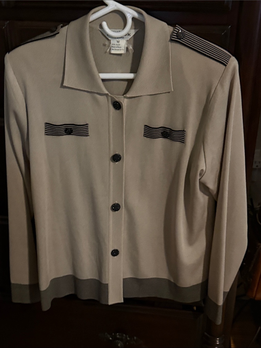 Beige Women's Button-Front Blazer Jacket with Contrast Trim